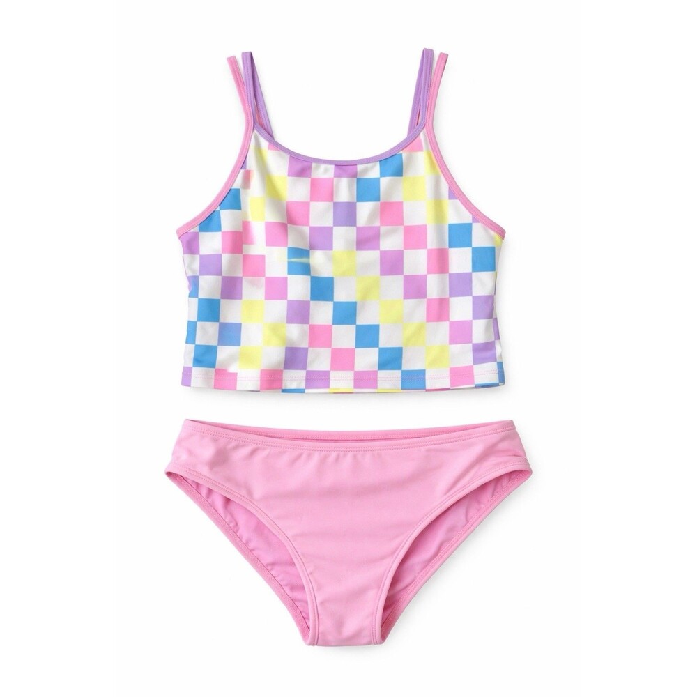 Girls Bikini Set XL 14-16 Plus Colorblock Checkered Pink Swim 2Pc
